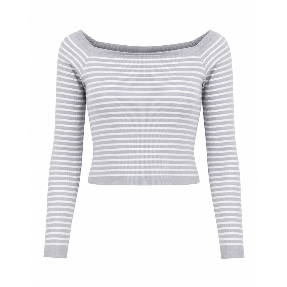 Harper & Ivy Womens Medium Grey White Striped Off Shoulder Ribbed Crop Top‎